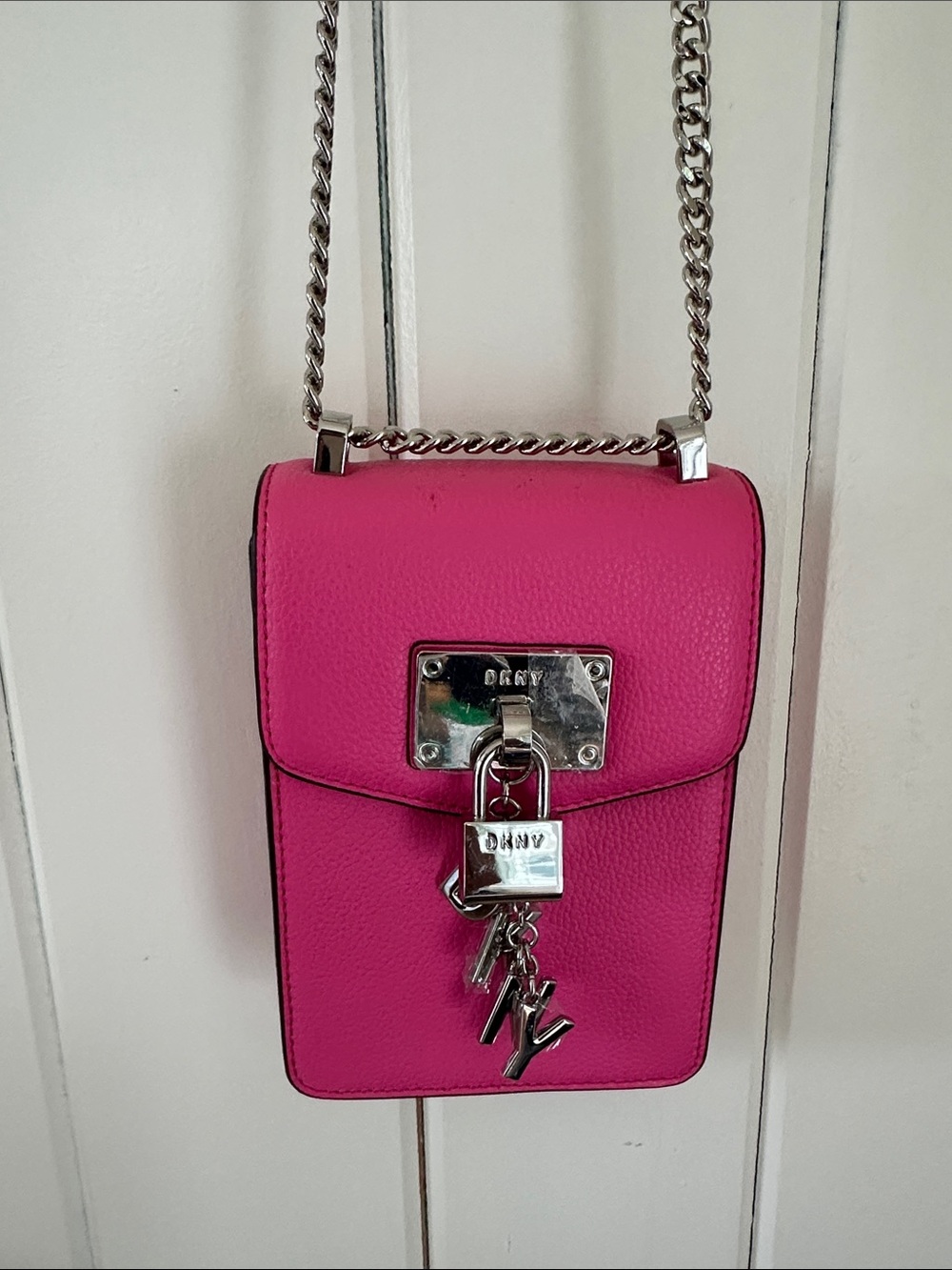 DKNY Hot Pink Leather Crossbody with Silver Lock Charm